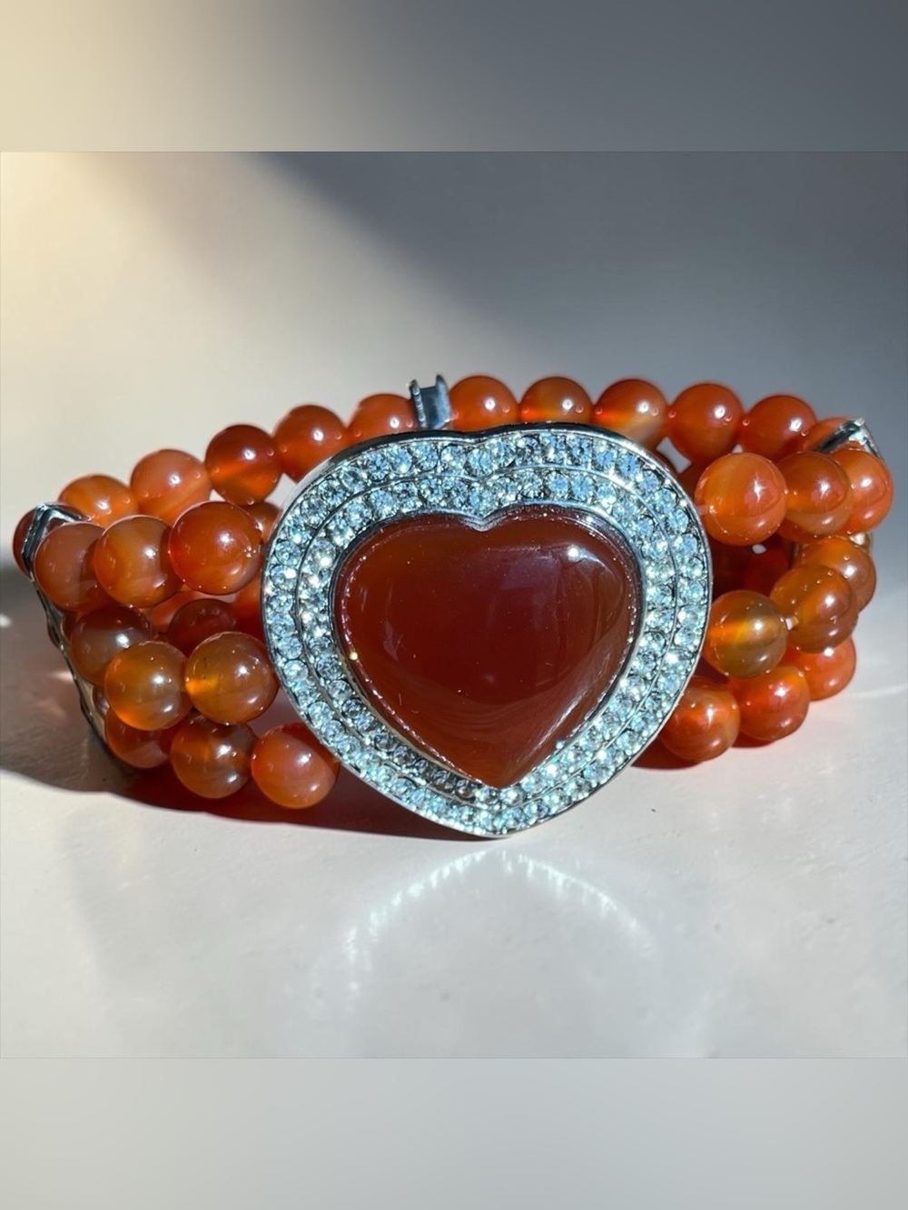 Carnelian Heart Crystal Stretch Bracelet Gold Tone Statement Cuff